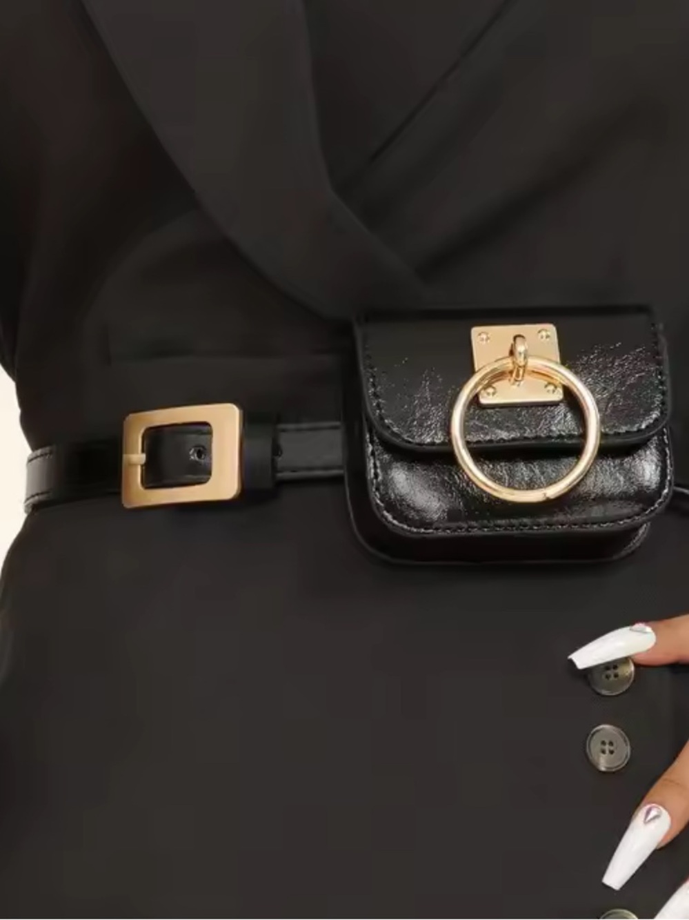 Black Leather Belt Bag with Gold Ring Hardware